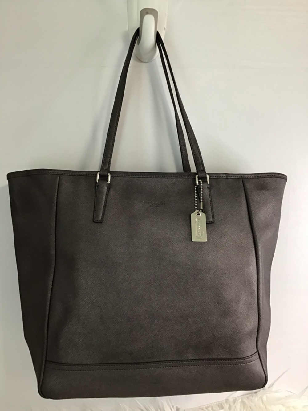 COACH City Gunmetal Metallic Grey Saffiano Leather Tote Shoulder Bag